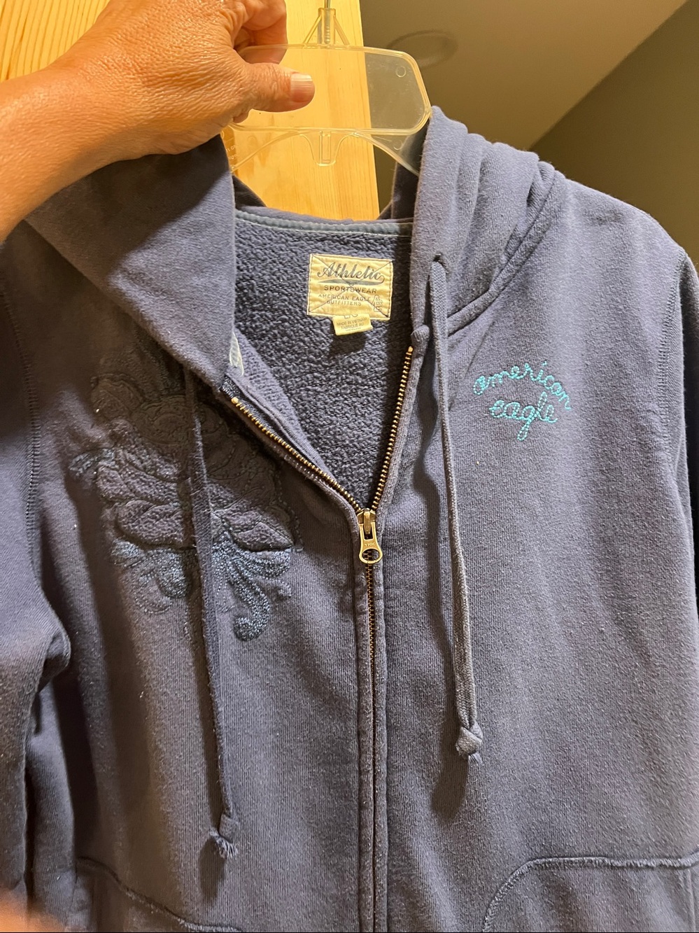 American Eagle Outfitters Navy Zip-Up Hoodie with Embroidered Script size large